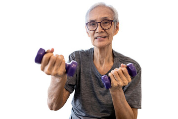Strong asian senior woman working out with heavy dumbbells,lifting dumbbell weights for strength training,fitness elderly people doing exercise,isolated white background,health care,healthy lifestyle