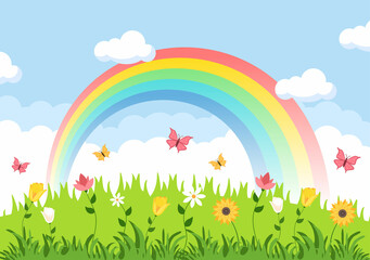 Obraz na płótnie Canvas Spring Time Landscape Background with Flowers Season, Rainbow and Plant for Promotions, Magazines, Advertising or Websites. Nature Vector illustration