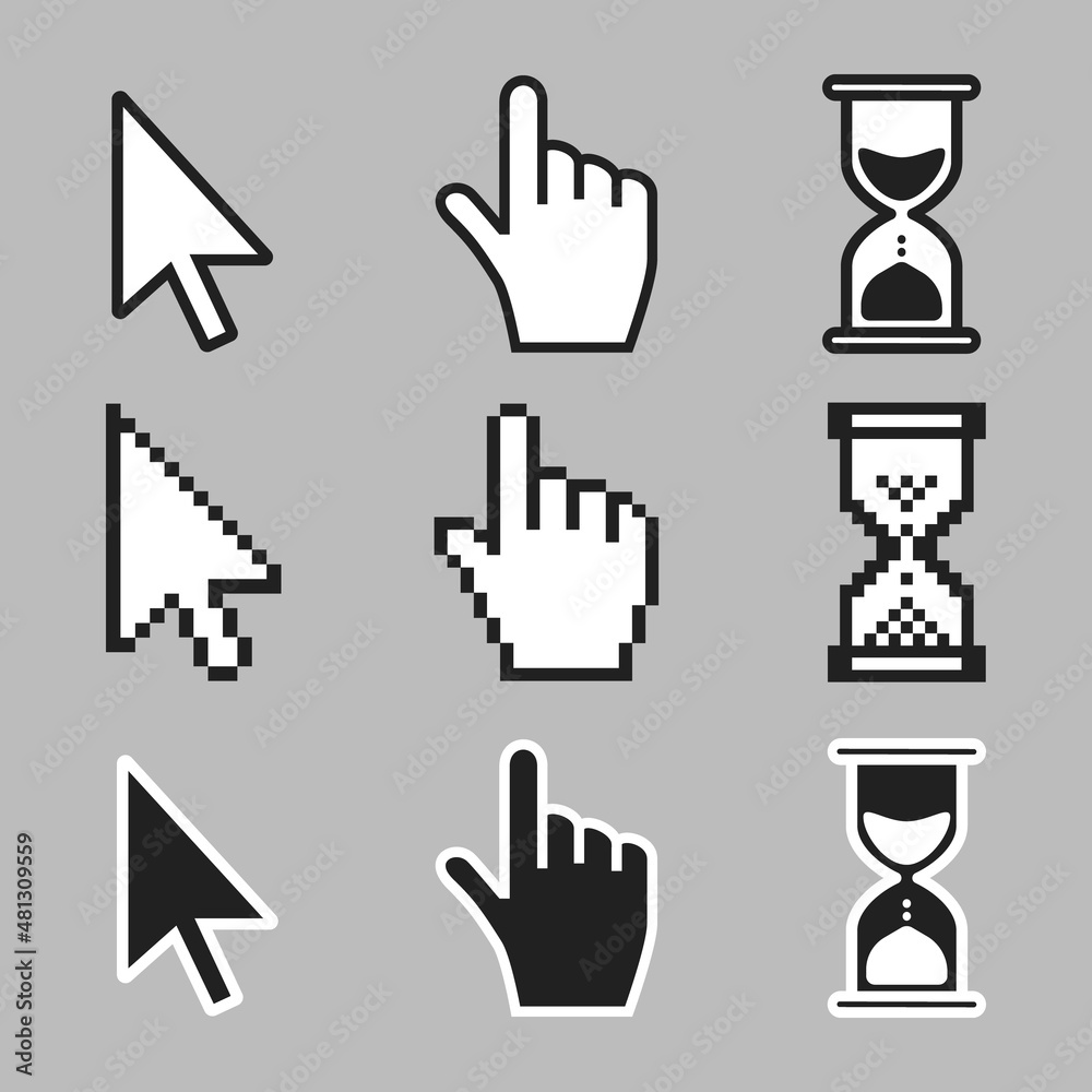 Fototapete pointer hand, arrow and hourglass loading clock mouse cursors icon sign graphic element flat style d