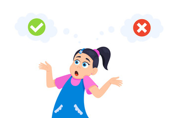 Little doubt girl between right and wrong check marks flat style design vector illustration isolated on white background. Cute girl thinking about something right and wrong choice concept.