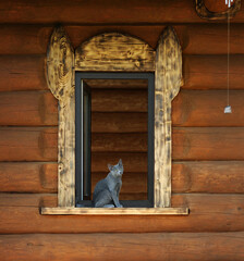 Cat sitting at the window of a wooden house made of logs with burnt rustic platbands in the shape of ears