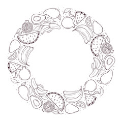Hand drawn black and white fruit and berries wreath isolated on white background