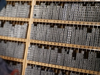 Metal Chinese characters in the printing case culture art of China. Chinese word for printing in...
