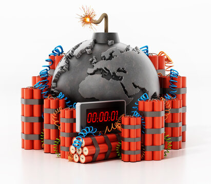 Group of dynamites around the bomb shaped earth isolated on white background. 3D illustration