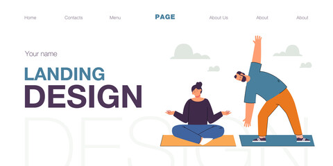 Active sporty elderly couple doing sports practicing yoga exercise together at home. Flat vector illustration of mature man and woman training meditate, healthy lifestyle. Maturity, activity.