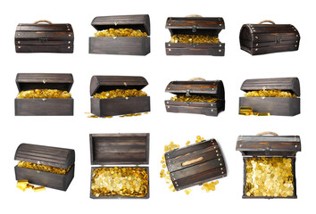 Set with treasure chests full of gold coins on white background