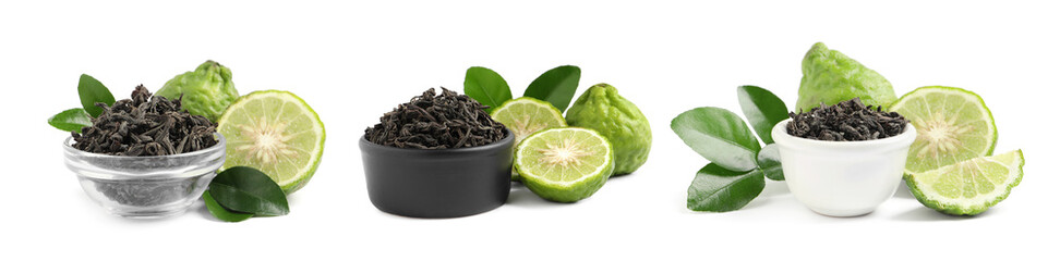 Set with dry tea leaves and bergamot fruits on white background. Banner design