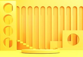 Abstract composition, background of geometric objects - 3D render. Minimal bright studio with showcase. Empty Podium, stand of stairs,  arches for advertising, presentation of goods, products. 