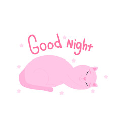 Goodnight. Vector illustration of a kitten and lettering.