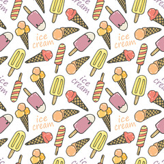 Vector doodle ice cream seamless pattern. Hand-drawn cartoon ice cream.