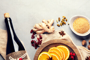 Mulled red wine on gray background.
