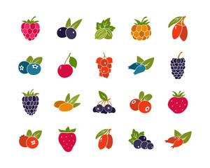 Berries with leaves, color silhouette icons set. Simple vector contour of blueberry, blackberry, cranberry, lingonberry, currant, gooseberry, goji. Hand drawn isolated collection on white background