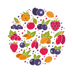 Garden berries with leaves, bright round illustration. Color silhouette elements. Cherry, blueberry, blackberry, cranberry, lingonberry, currant, gooseberry. Contour vector icons on white background