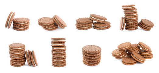 Set with tasty chocolate cookies with cream on white background. Banner design