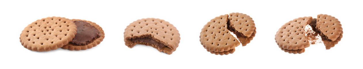Set with tasty chocolate cookies with cream on white background. Banner design