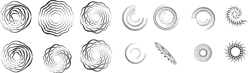 Big set of lines in Circle Form . Spiral Vector Illustration .Big collection of round Logos . Rouhgen edges . Abstract Geometric circular shapes .Rotating radial lines collection. Concentric circles