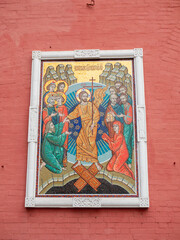 Resurrection of Christ, mosaic icon on the Resurrection Gate at the Iver Chapel on Red Square. Vertical, close-up. Moscow, Russia.