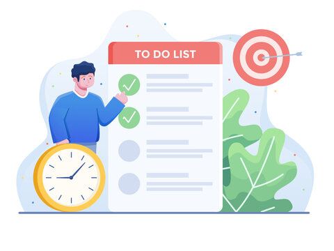 Illustration of Good Time Management to Reach The Target. Organize schedule, People Checking the To Do List. Can be used for presentation, web, landing page, apps, animation, social media, etc.