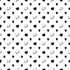 Festive decoration for Valentine Day. Cute simple line print. Seamless black and white pattern with hand drawn hearts. Vector flat illustration for wrapping paper, textile and design