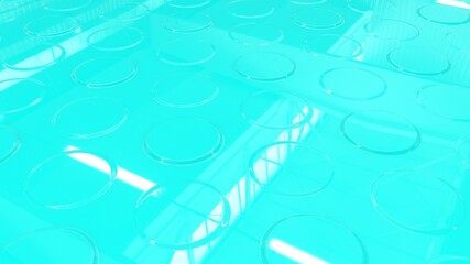 Turquoise surface with white highlights and small circles. Beautiful turquoise background. Liquid surface c in perspective form.
