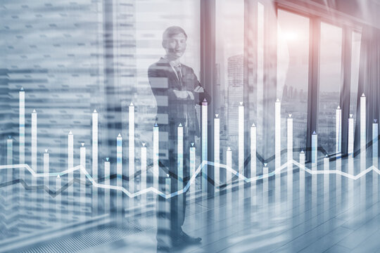 Bar graph on the background of a business center with a manager at the window