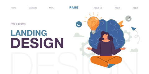 Happy girl doing yoga exercises in front of huge brain. Positive mind, spiritual intelligence flat vector illustration. Mental health, harmony, healthy lifestyle concept for banner or landing web page