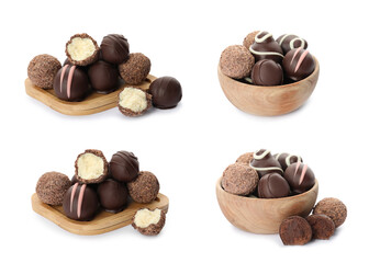 Set with delicious sweet chocolate truffles on white background