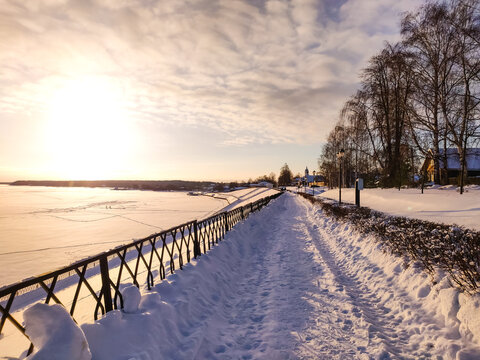 Rural Russian winter landscape with Volga river and Myshkin village