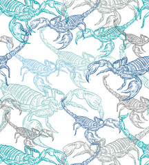 Scorpion hand drawing sketch pattern seamless. linear terrestrial arachnid background. Vector texture