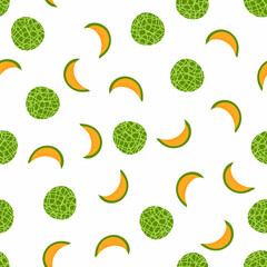 Melon whole and sliced seamless pattern on white background. Vector illustration of fresh cantaloupe melon fruit