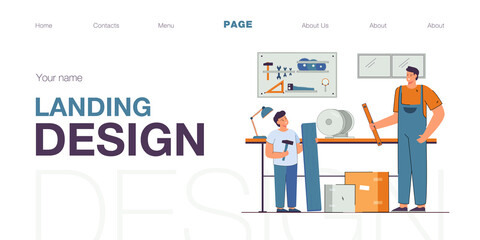 Carpenter father teaching son carpentry in workshop. Dad and boy working with diy tools in garage interior flat vector illustration. Carpentry and joinery, repair work, family craft hobby concept