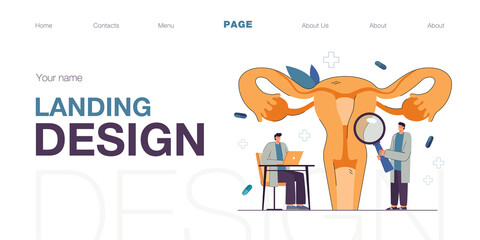 Cartoon medical professionals examining uterus. Vaginal endometriosis treatment flat vector illustration. Gynecology, infertility, health concept for banner, website design or landing web page
