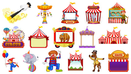 Set of circus characters and amusement park elements