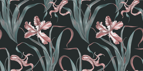 Seamless spring pattern. Floral delicate background. Wallpaper with realistic purple tulip flowers. Vintage hand drawn flowers, petals and leaves for wallpapers, fabrics, banners, social media, blogs