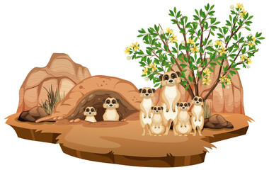 Isolated nature scene with meerkat family