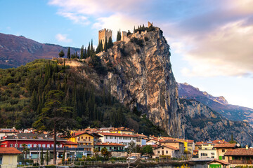 Arco city with castle on rocky cliff in Trentino Alto adige - province of Trento - Italy landmarks - obrazy, fototapety, plakaty