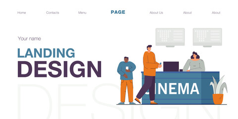 Cinema counter and people buying movie tickets. Flat vector illustration. Female seller standing at cashier while serving customers. Cinema, entertainment, fun, service concept for advertising