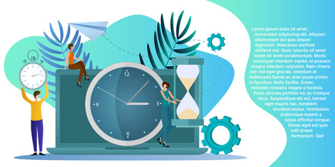 Time management.People on the background of a large watch and laptop.Deadline and time control.Brainstorming and new projects..Flat vector illustration.
