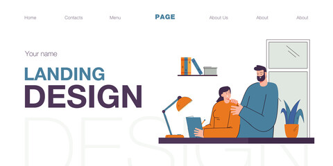 Father helping daughter with her homework. Flat vector illustration. Dad teaching child at home, answering questions, reading book with girl, sitting at desk. Family, help, education, learning concept