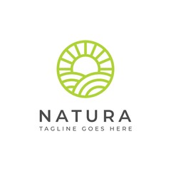 Farm land agriculture and sun sunlight sunrise sunset sunny logo design with simple line art style 