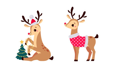 Little Reindeer with Antler Wearing Hat Decorating Fir Tree with Garland Vector Set.
