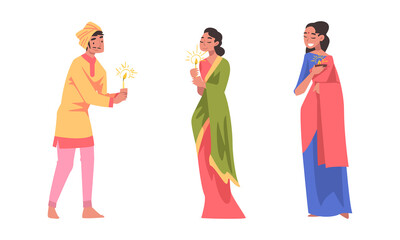 Diwali Hindu Holiday Celebration with Indian People Character in Traditional Clothes Holding Light Vector Set