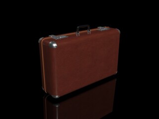 3D- rendering. A vintage brown leather suitcase stands on a black glossy surface