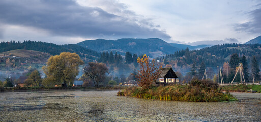 Mountain river with autumn leaves. Carpathian, Ukraine