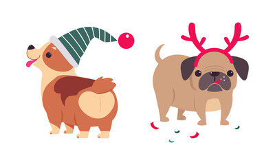 Fototapeta premium Cute Dogs of Different Breed Dressed in Christmas Hat and Deer Antler Vector Set