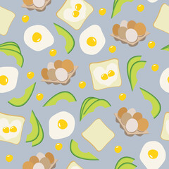 Omelet, avocado, toast, egg box on a seamless vector pattern. Background of the morning breakfast. Bright design.