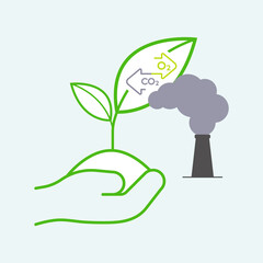 Tree can remove CO2 from the air and release O2 into the atmosphere. Planting tree is a way to reduce CO2 emission. Vector illustration outline flat design style.