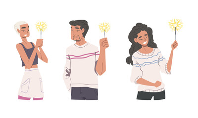 Happy Man and Woman Character with Festive Sparkler in Hands Celebrating Holiday Vector Set