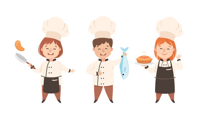 Children Chef in White Toque and Uniform Enjoying Culinary and Cookery Holding Baked Pie and Fish Vector Set - obrazy, fototapety, plakaty