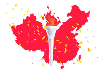 Vector illustration of a torch with fire on the background of a silhouette of a map of Chinese with golden confetti